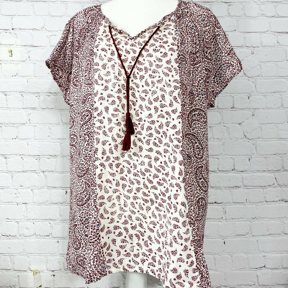 EUC Ruff Hewn Short Sleeve Paisley Flowy Boho Festival V-Neck Tunic Shirt Top L
